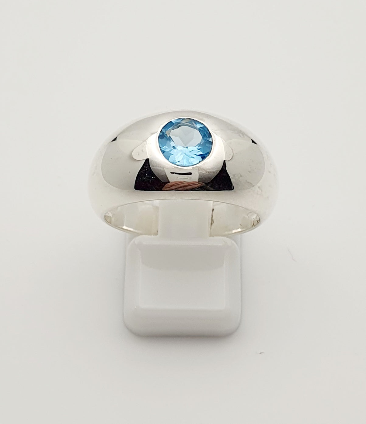 12mm Silver Domed Ring With 6mm Flush-Set Blue Topaz Medium (Cannot Resize)