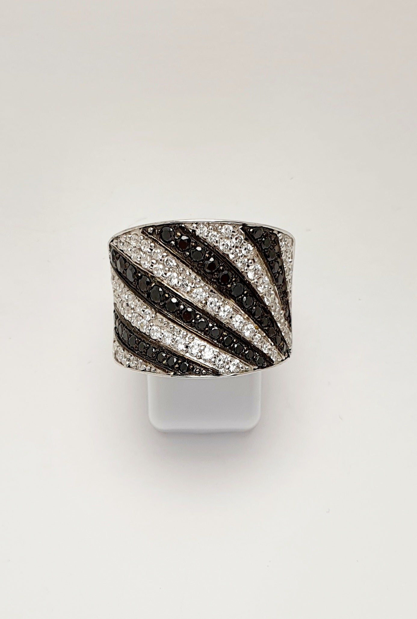 Sterling Silver Diagonal Design Wide Pave Ring with White and Black Cubic Zirconias