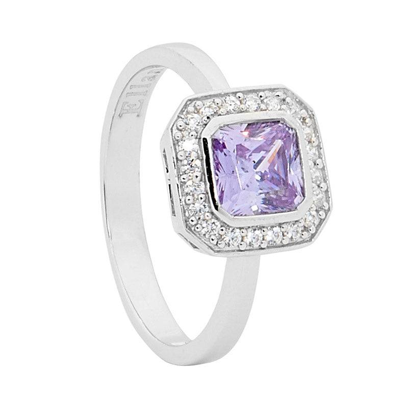 Sterling Silver Ring with Radiant Cut Lavender Cubic Zirconia and White Cubic Zirconias