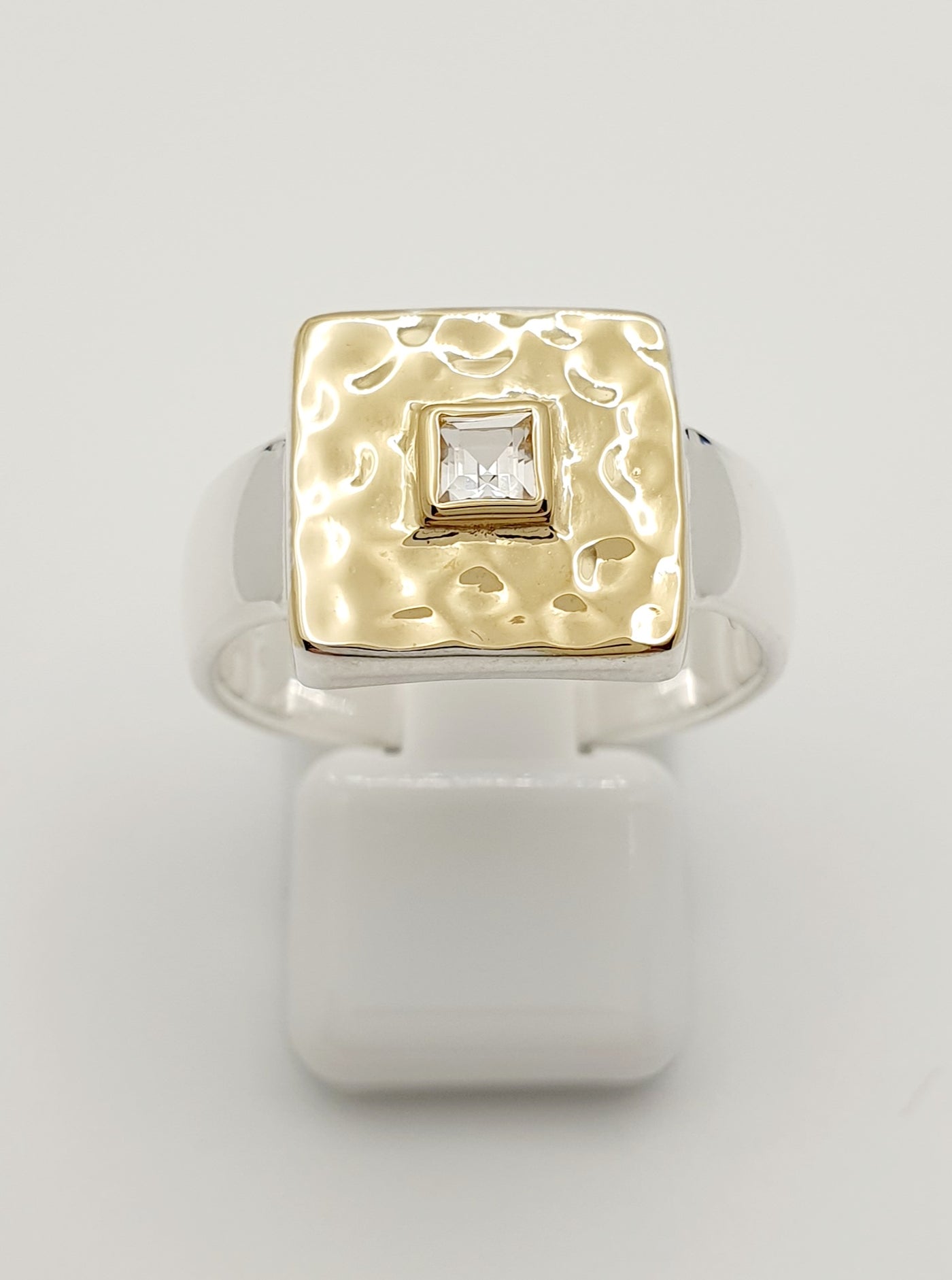 12mm yellow gold (14k 1mc) plated, beaten silver square, clear topaz on 6mm band MEDIUM