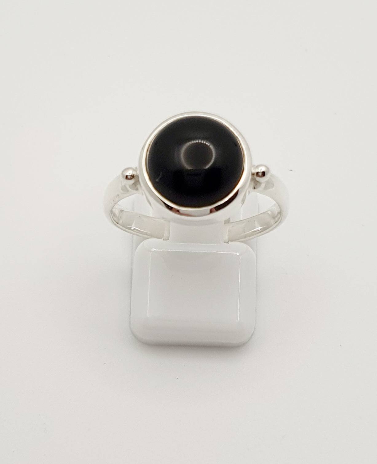 10mm Round Black Onyx In Silver Bezel On 3mm 1/2 Round Band Medium (Cannot Resize)