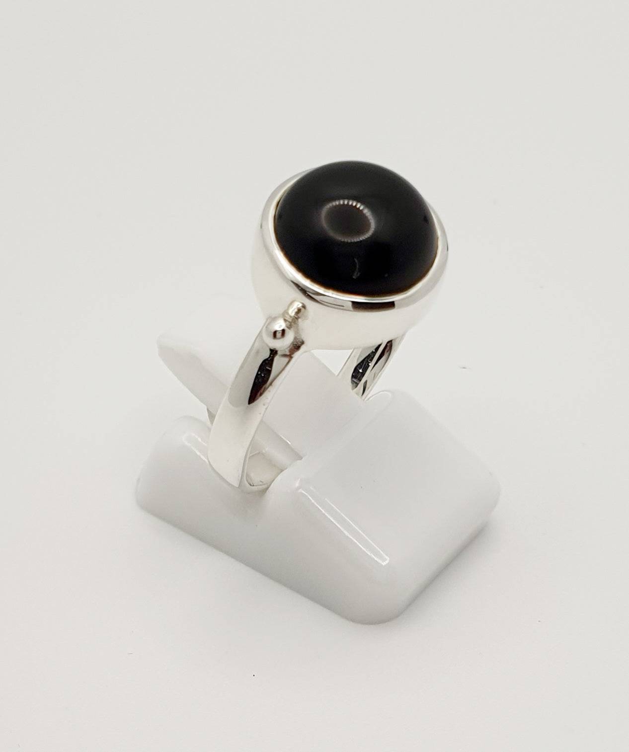 10mm Round Black Onyx In Silver Bezel On 3mm 1/2 Round Band Medium (Cannot Resize)