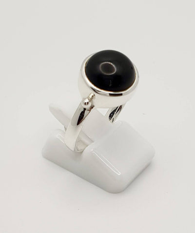 10mm Round Black Onyx In Silver Bezel On 3mm 1/2 Round Band Medium (Cannot Resize)