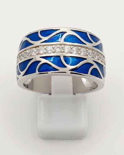 Sterling Silver Blue Enamel W/ Wave Design & White Cubic Zirconia Ring