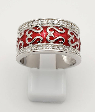 Sterling Silver, Red Enamel w/ Swirl Design & White Cubic Zirconias Ring