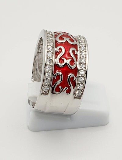 Sterling Silver, Red Enamel w/ Swirl Design & White Cubic Zirconias Ring