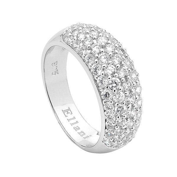 Sterling Silver Rhodium Plated Pave Set Cz Dome Ring