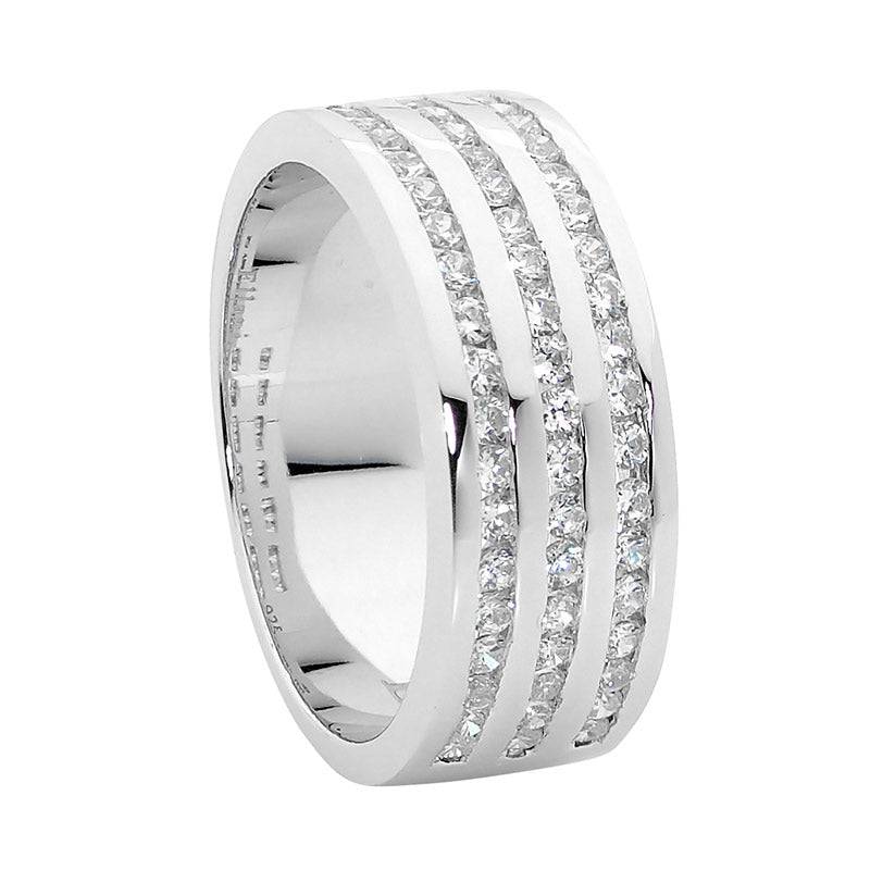 Sterling Silver Rhodium Plated 3 Row Channel Set Ring