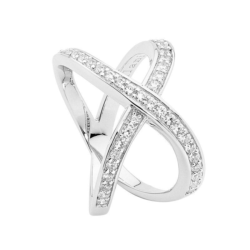 Sterling Silver Rhodium Plated White Cz Split Band Cross Over Ring