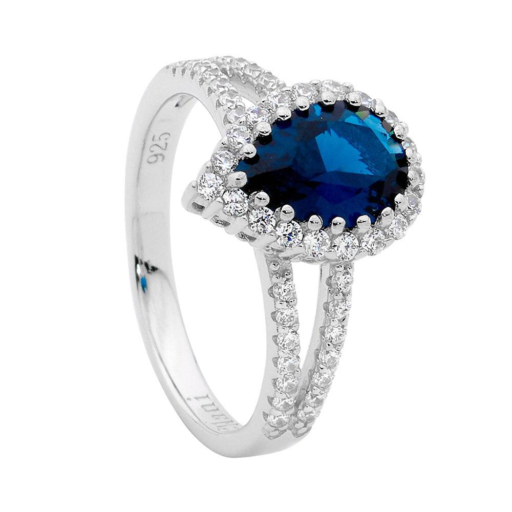 Sterling Silver, Rhodium Plated London Blue Pear Cz,With White Cz around & Split Band Ring