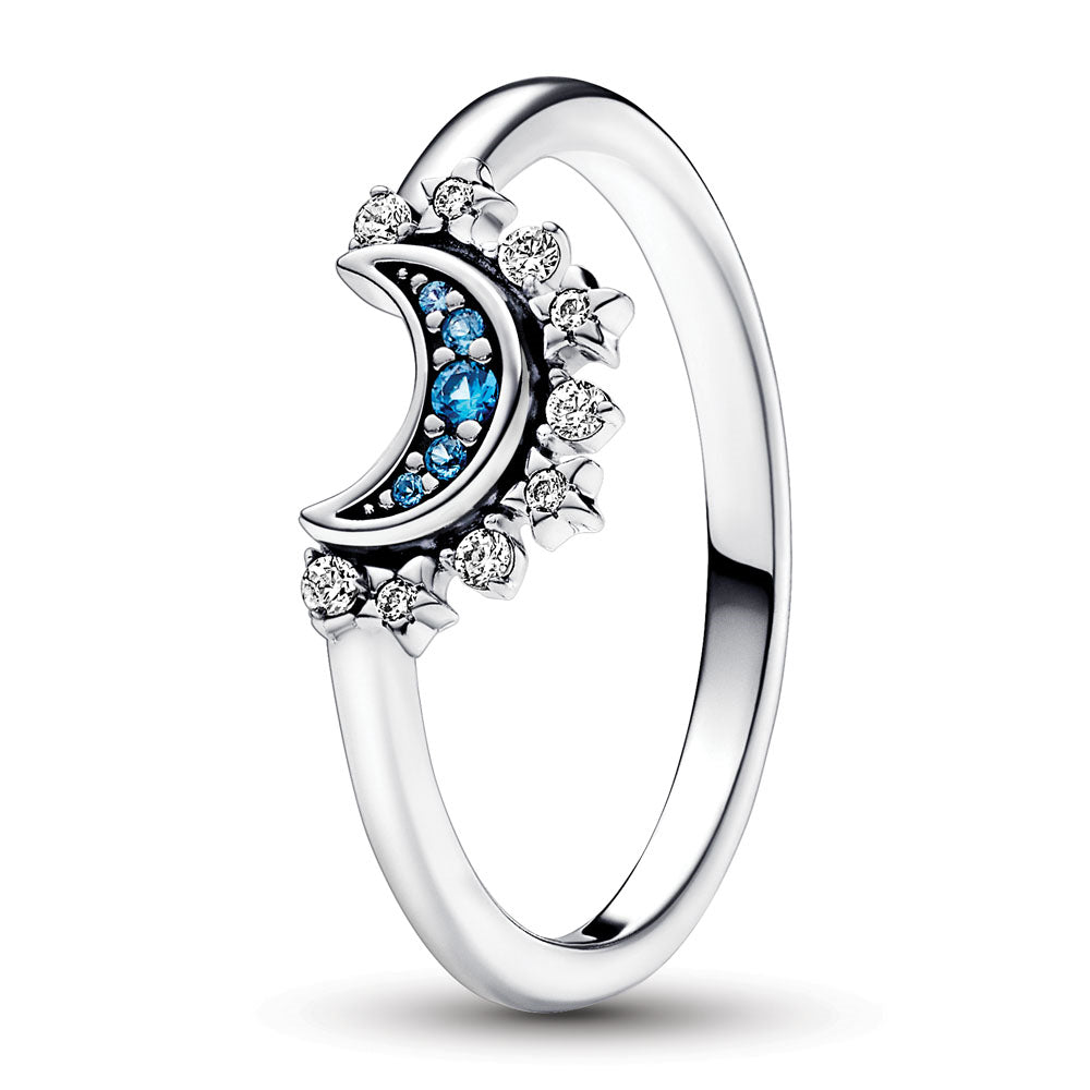 Celestial moon sterling silver ring with night blue crystal and clear cubic zirconia Size 52