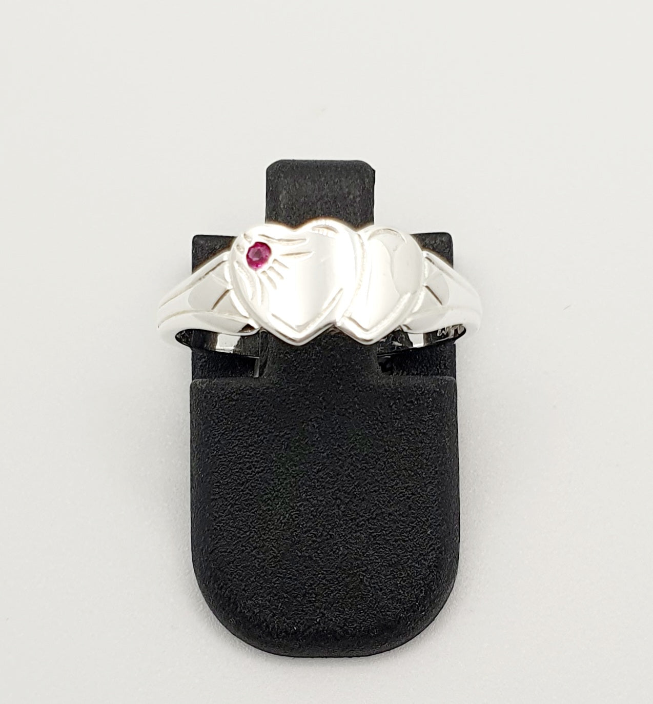 Sterling Silver Eleanor Double Heart Red Stone Signet Ring Size L
