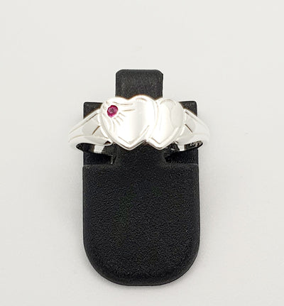 Sterling Silver Eleanor Double Heart Red Stone Signet Ring Size L