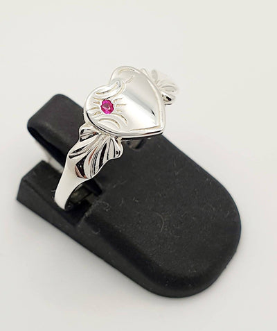 Sterling Silver Single Heart Emily Red Stone Signet Ring, Size H