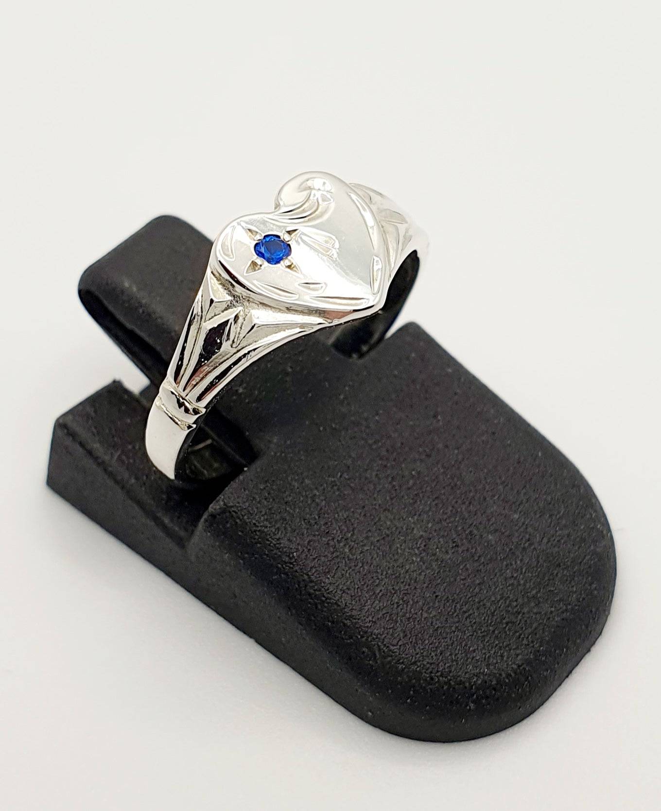 Sterling Silver Single Heart Emily Blue Stone Signet Ring, Size J