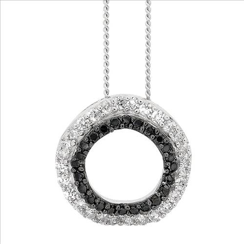 Ellani S/S Wh & Bk Cz Double Layer Wave Circle Pendant - With 45Cm Chain