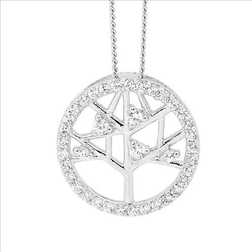 Ellani Sterling Silver Wh Cz 15Mm Tree Of Life Pendant With Cubic Zirconia Surround -