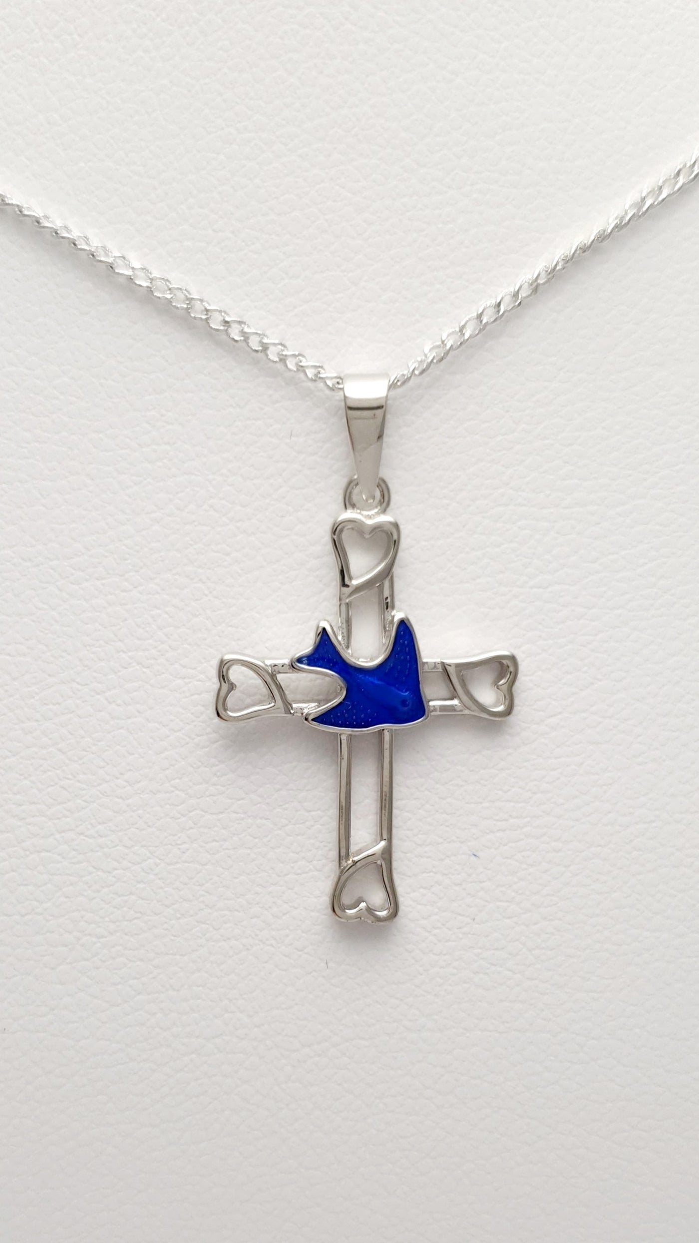 Sterling Silver Cross with Heart Detail and Blue Bird