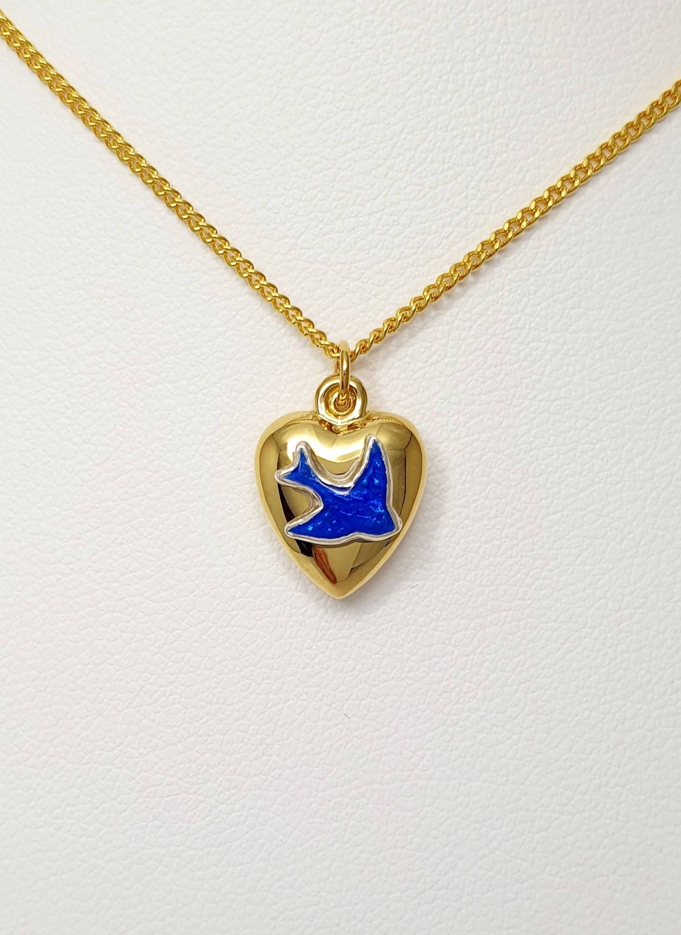 Heart and Blue Bird Pendant. Sterling Silver with a Yellow Hard Gold Plating