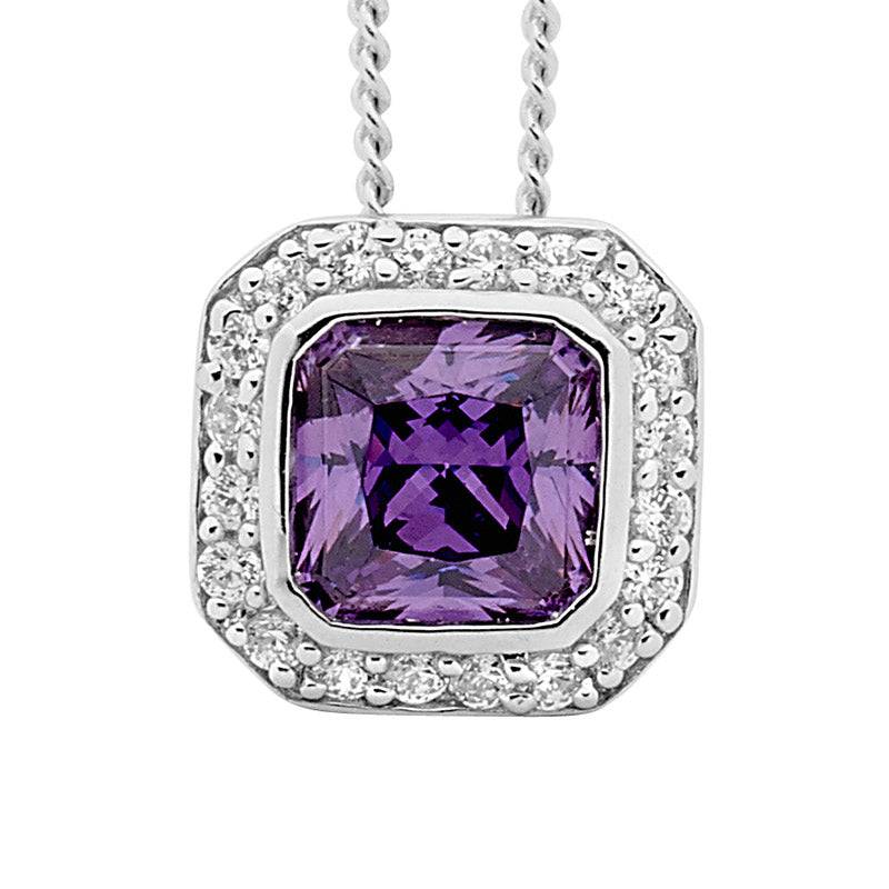 Sterling Silver Radiant Cut Amethyst Colour Cubic Zirconia Pendant with White CZ Surround