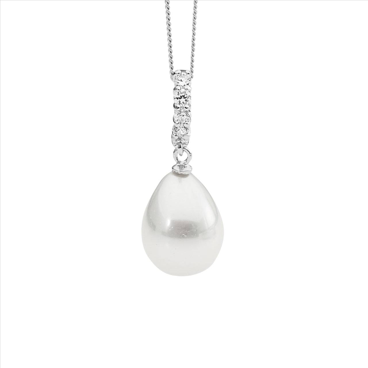 Sterling Silver Drop Pendant with Shell Based Pearl and White Cubic Zirconias