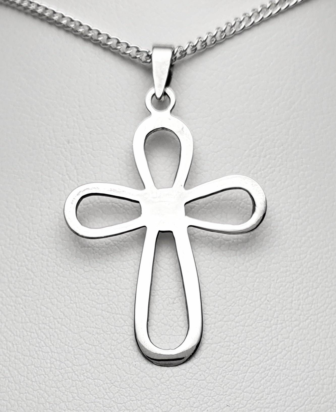 Sterling Silver Open Style Rounded Cross Pendant. 36mm Long