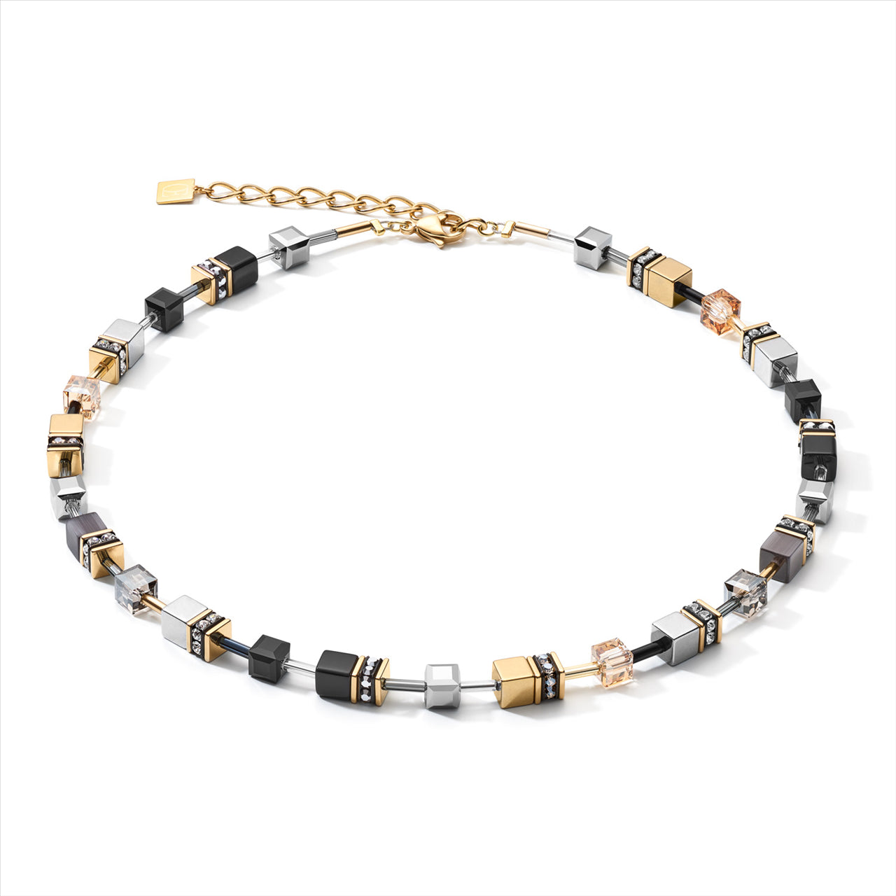 - Necklace, gold plated st/st geo-cube in black/gold & titanium oxide hematite/synthetic tiger eye/rhinestone/glass & European Crystals