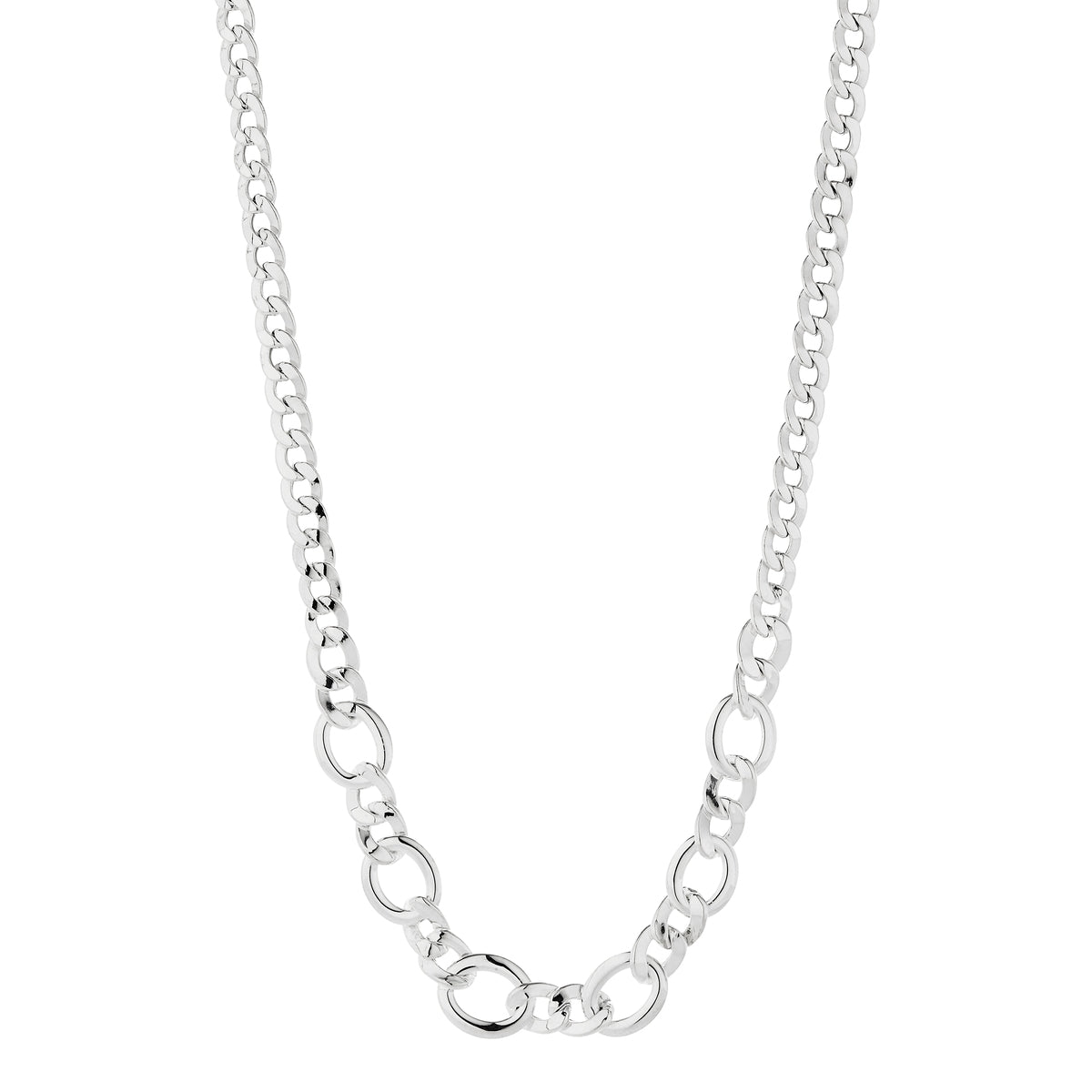 Silver Hollow-Tube, Fancy Curb & Oval Link Necklace With Large Parrot Clasp, 46cm