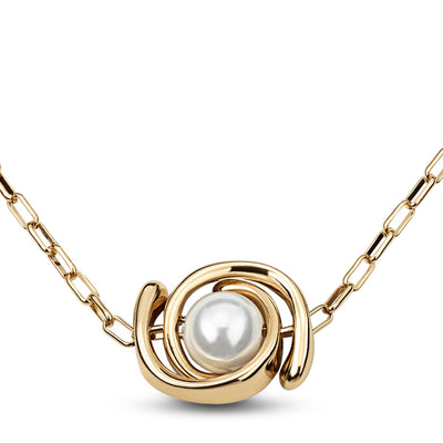 Full Pearlmoon Necklace. Gold-Plated Metal Alloy Necklace With Thin Chain, & Pearl.