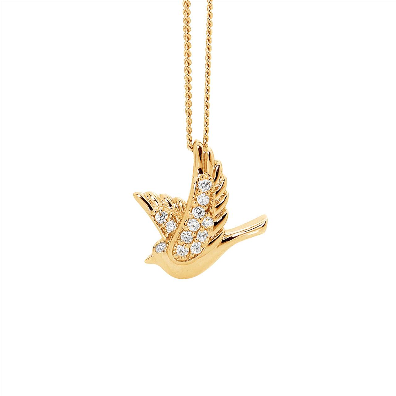 Sterling Silver Yellow Gold Plated Dove Set With White Cz Wings Pendant & Chain.