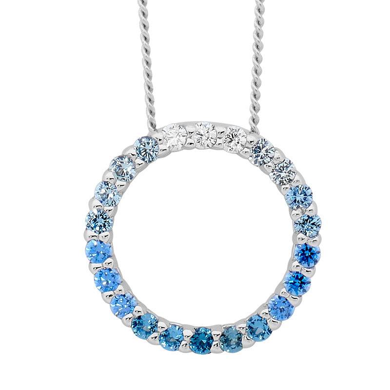 Sterling Silver Rhodium Plated 15Mm Open Circle Pendant Set With Ombré White To Blue Cz -