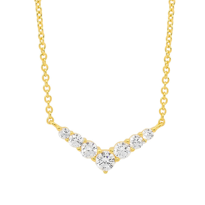 Sterling silver, gold plated Vee Necklace set with 7x white CZ's, with attached chain