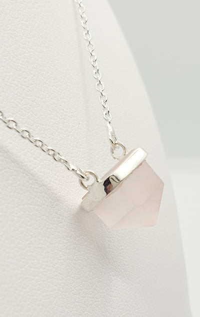 Sterling Silver Pencil Point Rose Quartz Necklace 42cm With 3cm Extension