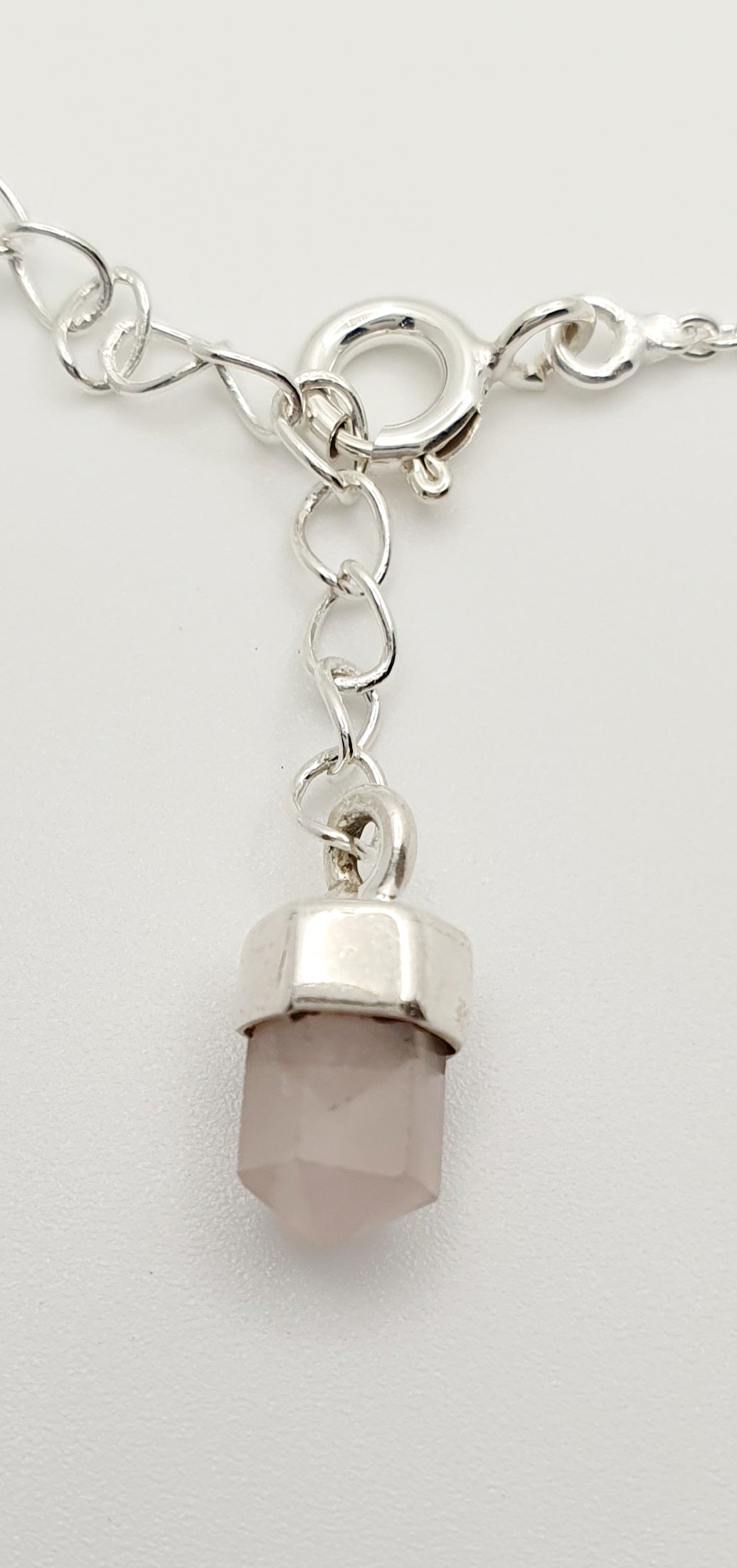 Sterling Silver Pencil Point Rose Quartz Necklace 42cm With 3cm Extension