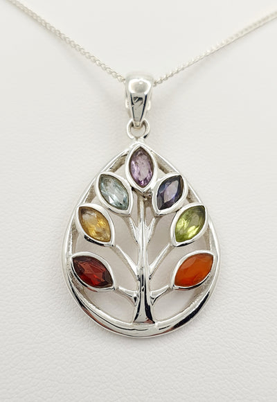 Sterling Silver Chakra Tree Of Life 4cm Pendant Set with Natural Stones