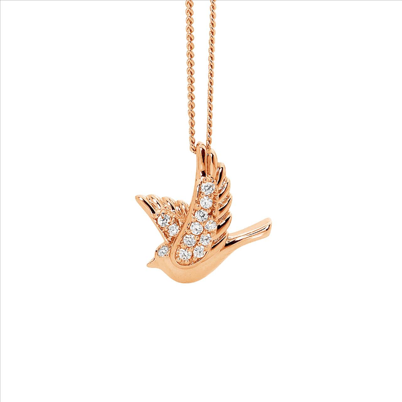 SS Dove w/ WH CZ Wings Pendant & Rose Gold Plating