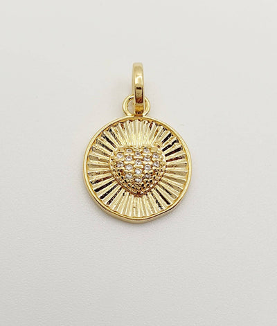 18K Gold, Filled, Spoke Textured Heart Pendant With CZ's