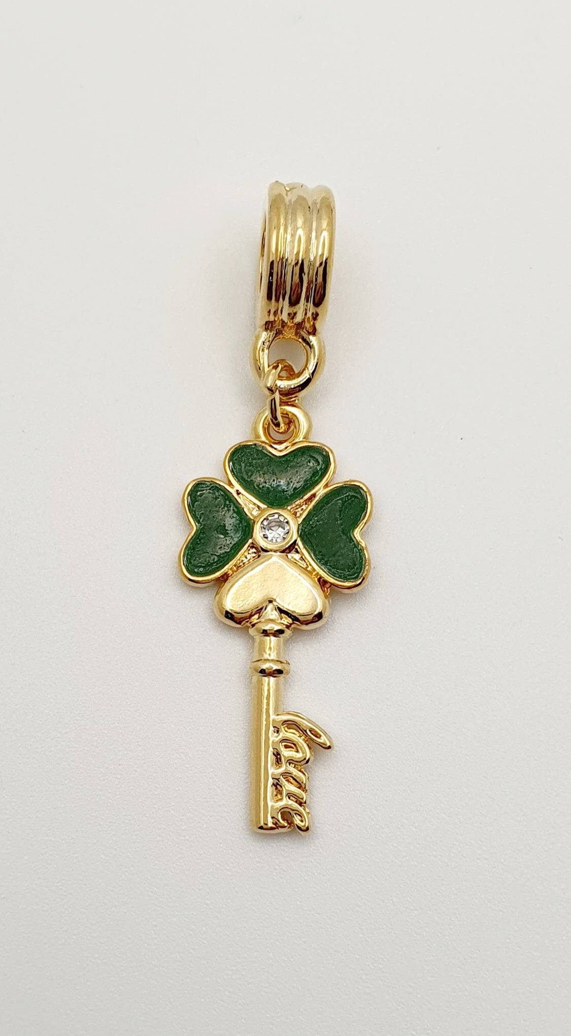 18K Gold, Filled, Lucky Clover, Love Pendant with Green Enamel and CZ