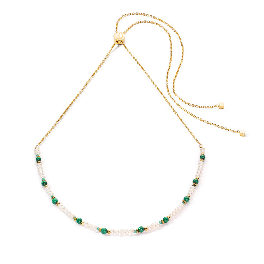 Necklace, gold plated st/st with freshwater pearls, malachite & sliding closure