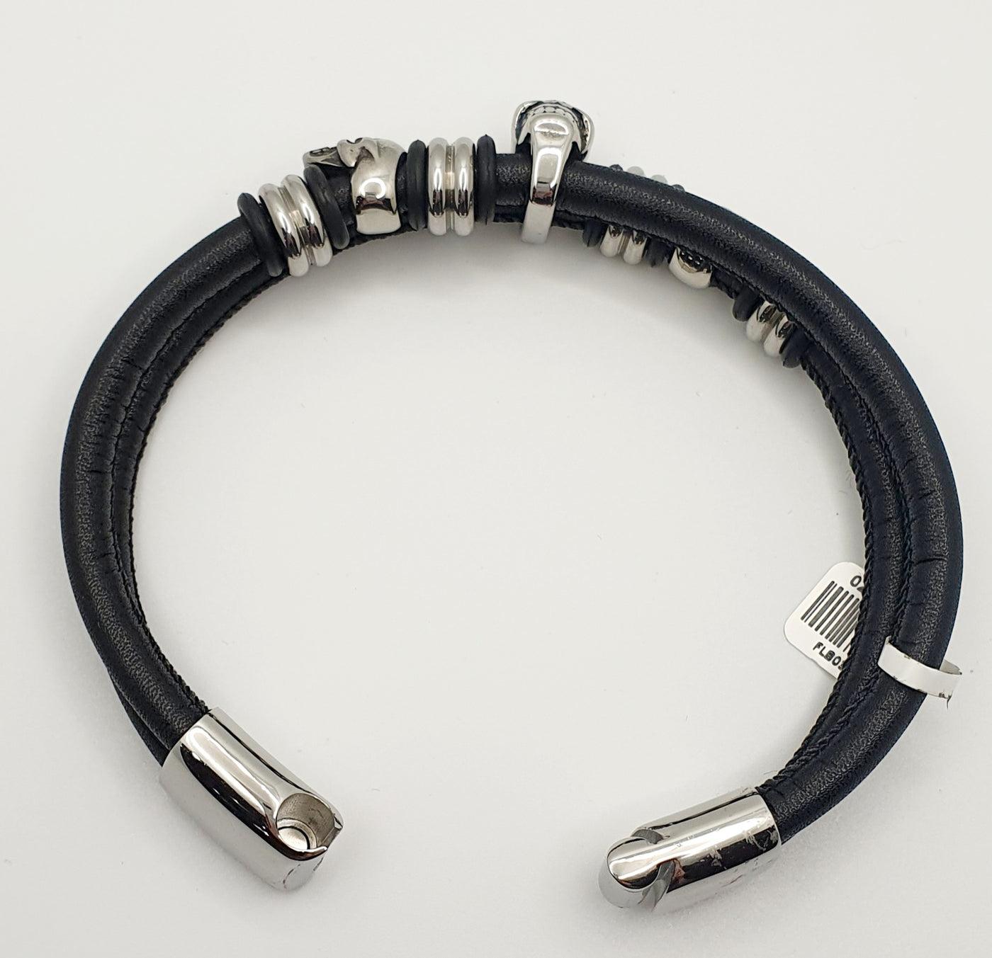 Stainless Steel And Black Leather, Gents Skull Bracelet. 22cm