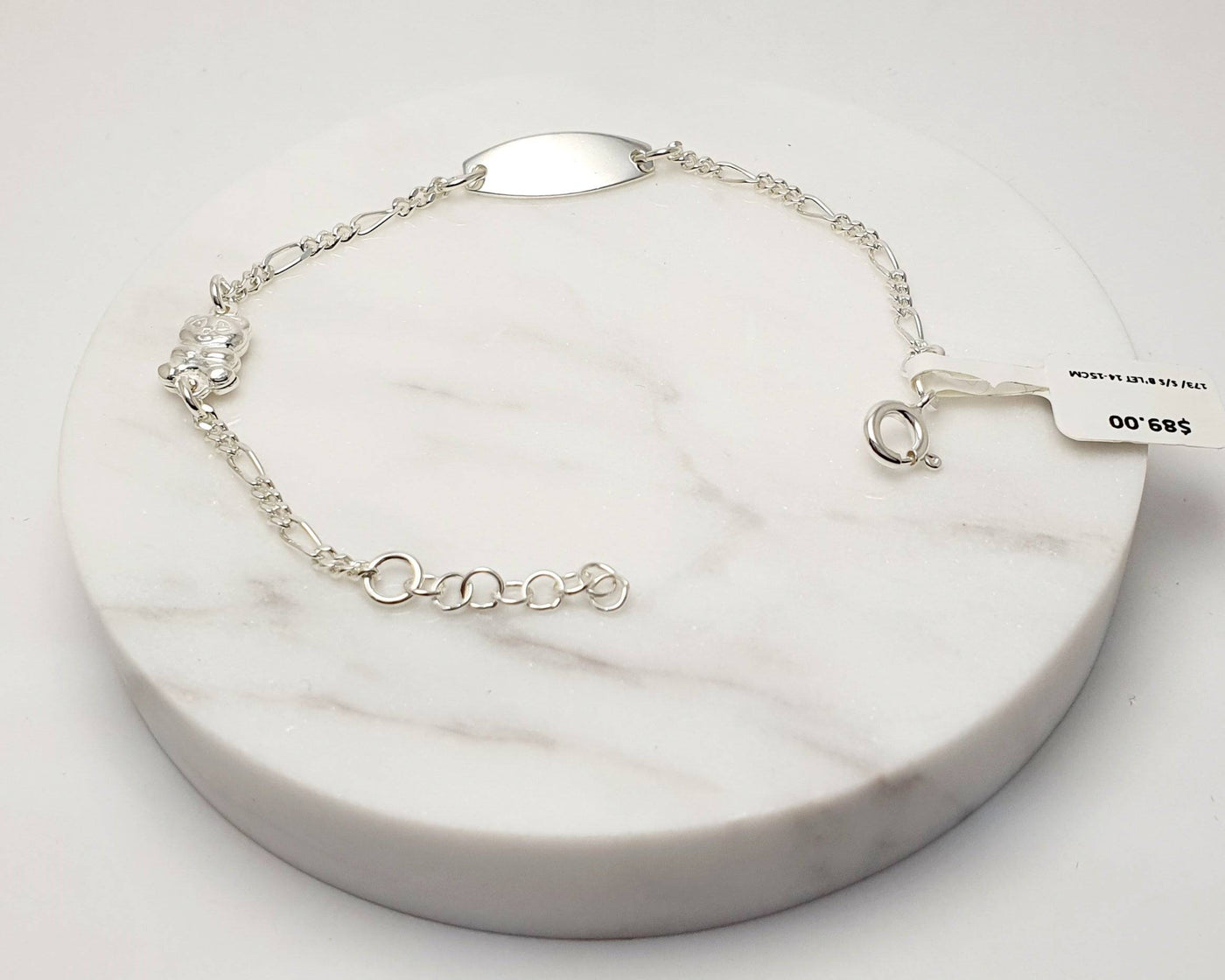 Sterling Silver Baby Bracelet With Id Plate And Teddy Bear