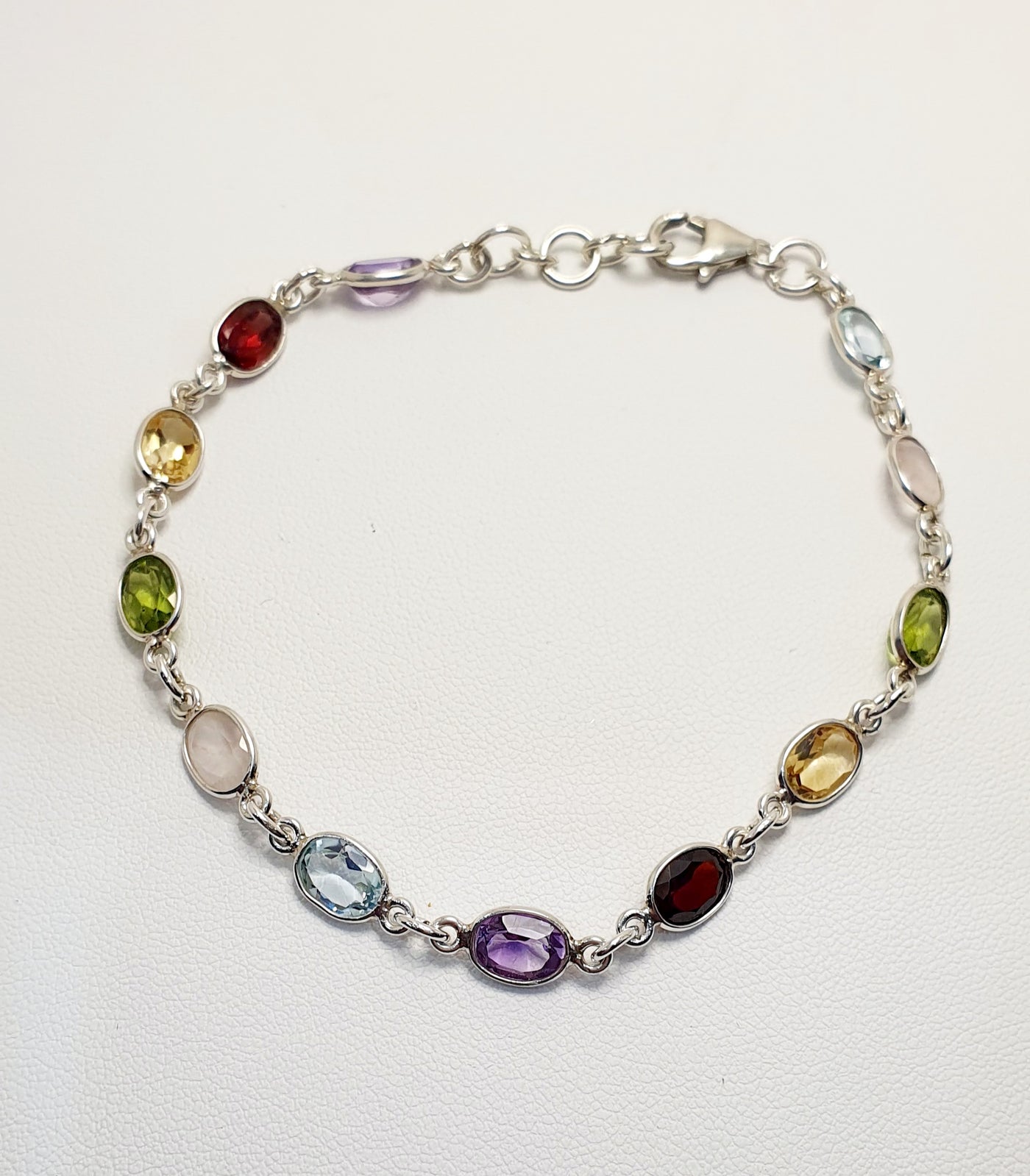 Sterling Silver Bracelet With Amethyst, Garnet, Citrine, Peridot, Quartz, And Sky Blue Topaz