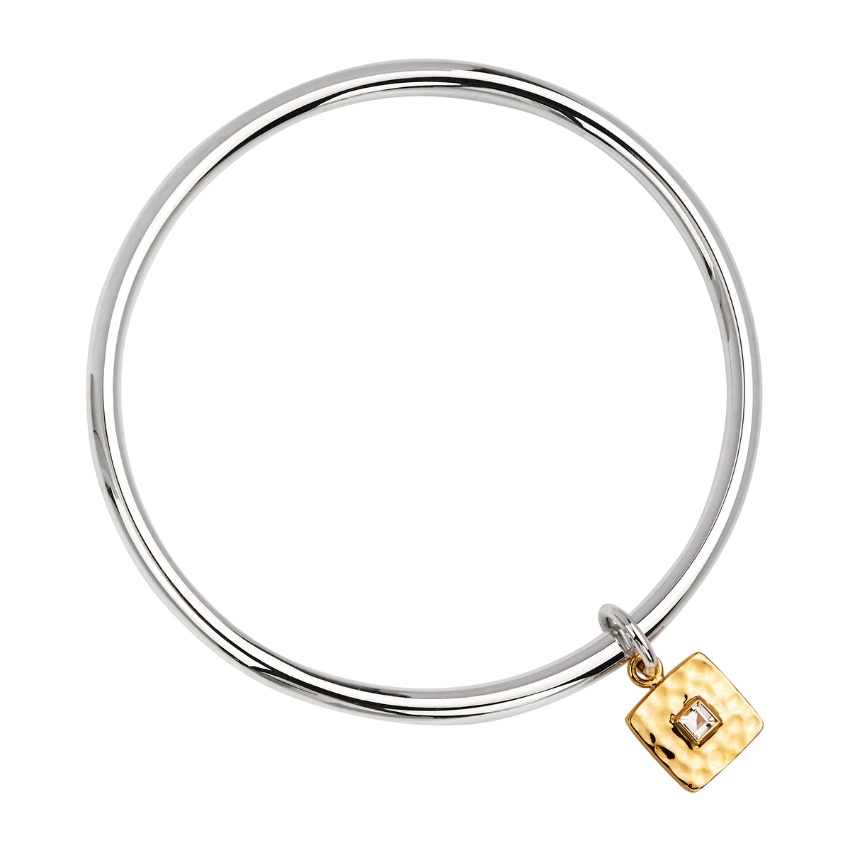 Silver Hollow-Tube Bangle With Yellow Gold Plated Beaten Square And White Topaz