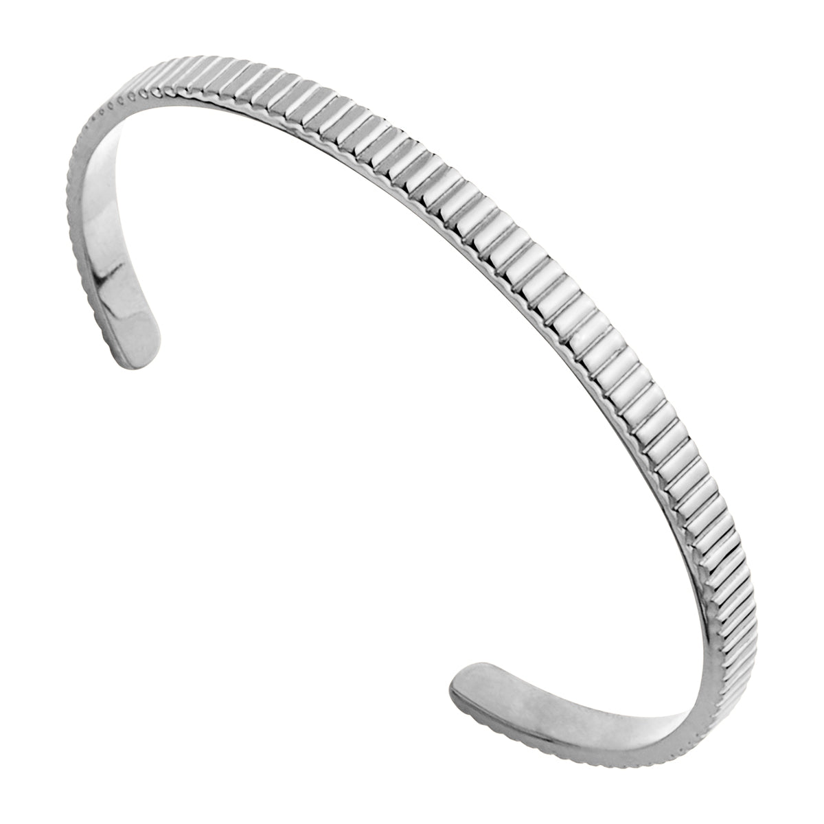 5mm Wide Solid Silver Ridged Pattern Cuff With Rounded Ends, 60mm