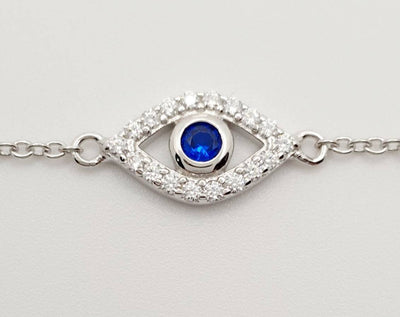 Sterling Silver White & Blue Cubic Zirconia, Bezel set Evil Eye Bracelet