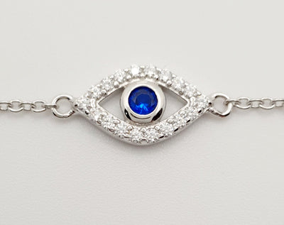 Sterling Silver White & Blue Cubic Zirconia, Bezel set Evil Eye Bracelet