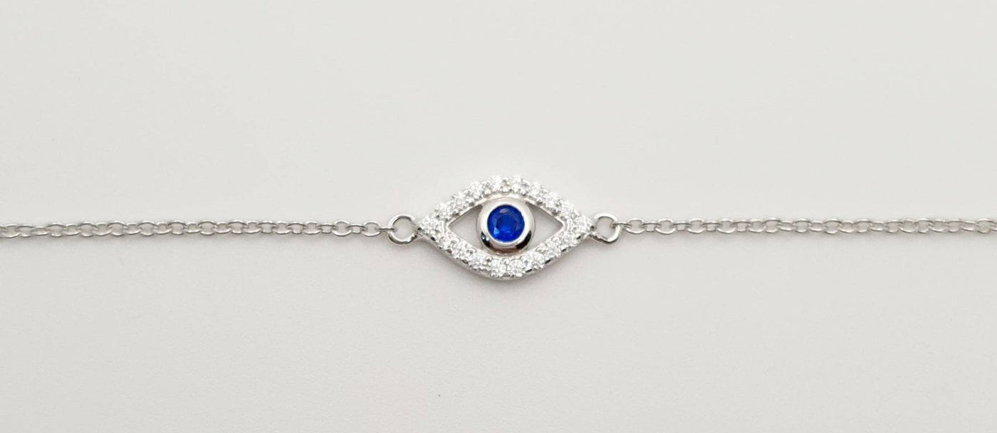 Sterling Silver White & Blue Cubic Zirconia, Bezel set Evil Eye Bracelet