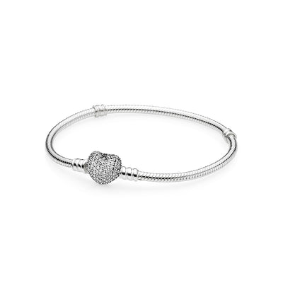 MOMENTS Silver Bracelet with Pave Heart Clasp Bracelet w CZ 18cm