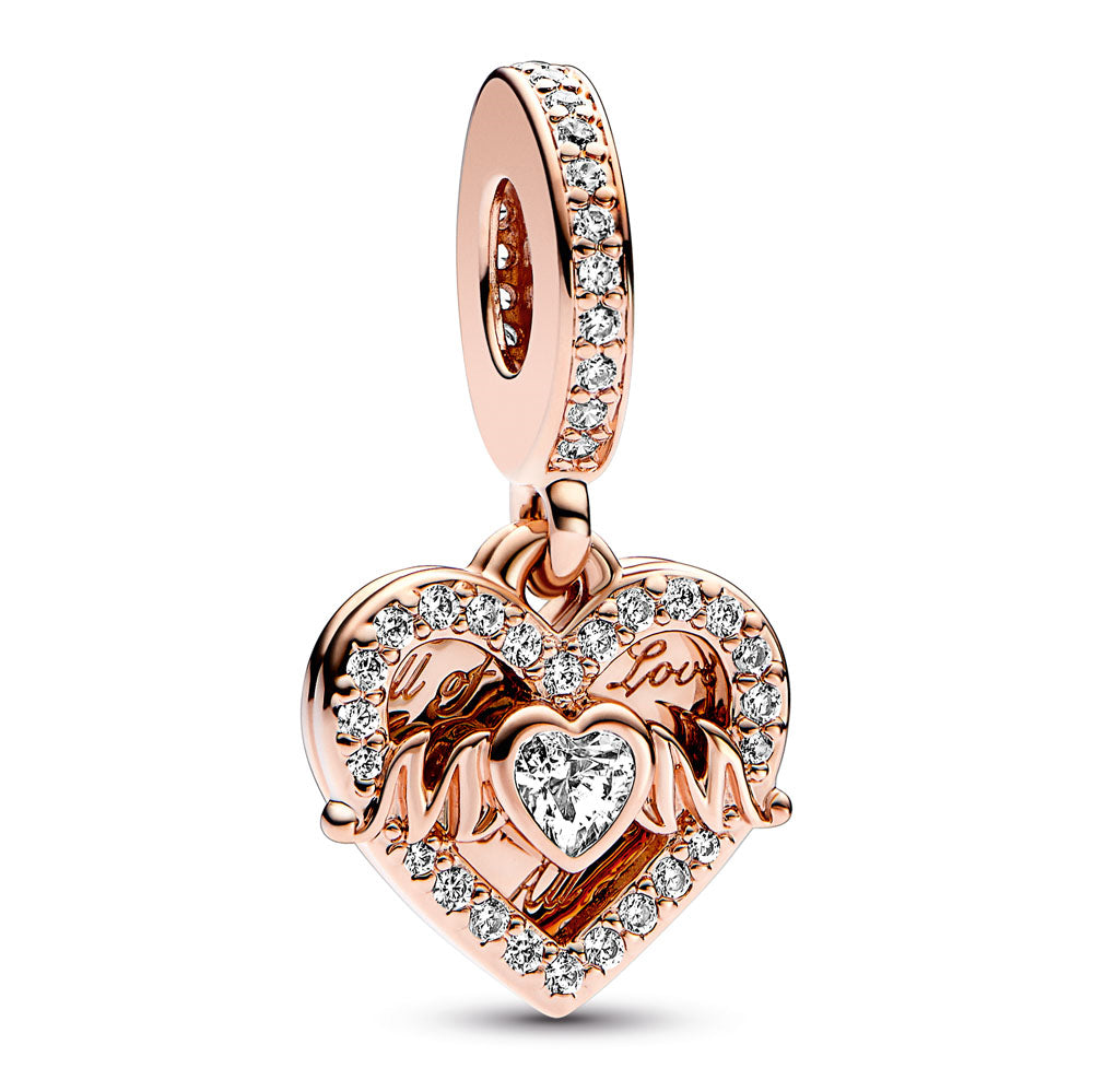 PANDORA Sterling silver Rose gold Plated Heart & Mum Dangle Charm