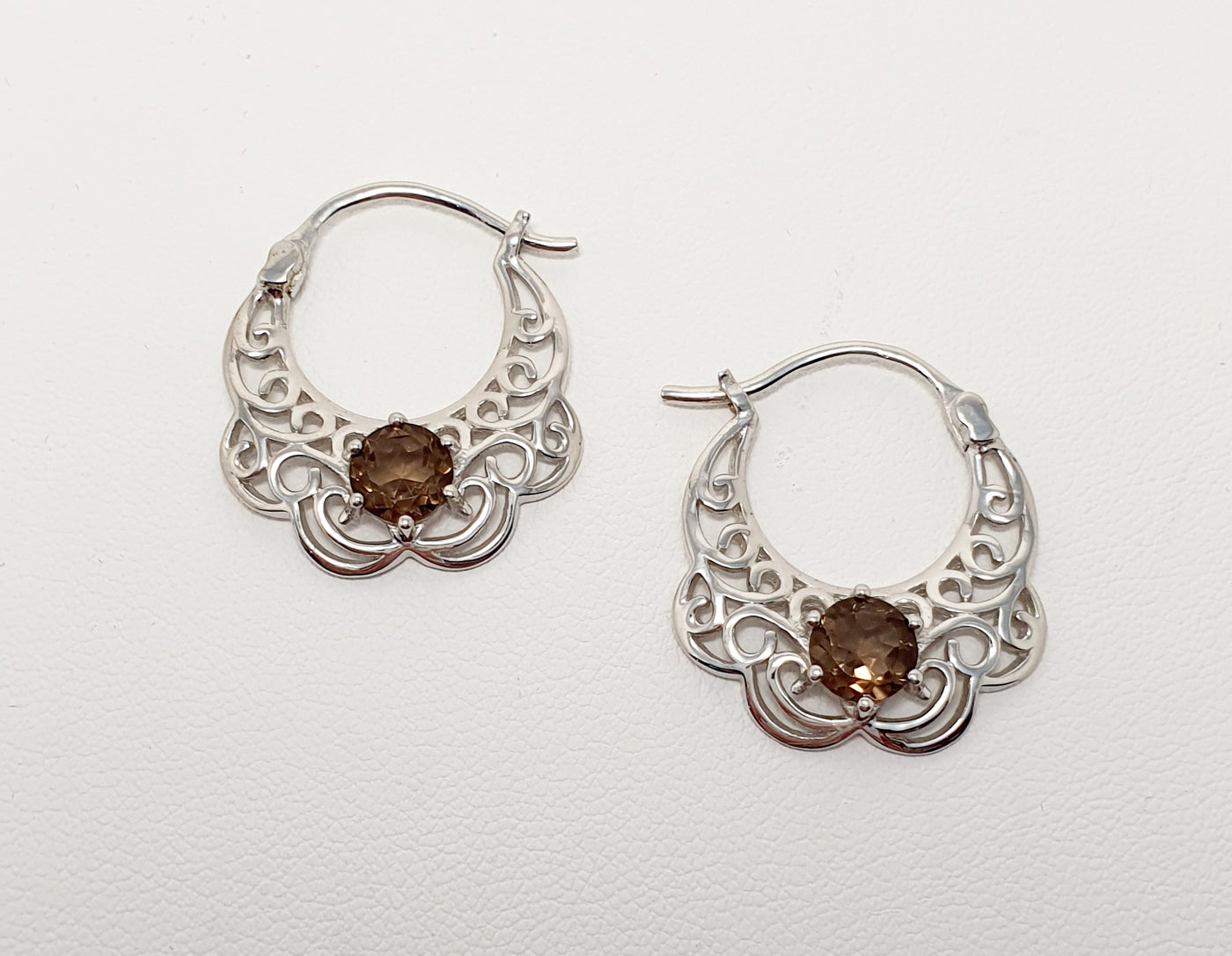 STERLING SILVER FANCY SMOKY QUARTZ HOOP EARRINGS